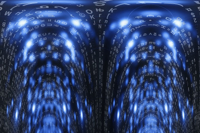 蓝色矩阵数字背景。扭曲的网络空间的概念。人物倒了。来自符号流的矩阵。虚拟现实设计。复杂的算法数据黑客