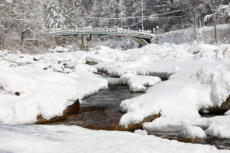 冰雪覆盖的冬季森林和小溪(荻田山国家公园，江原道，韩国)