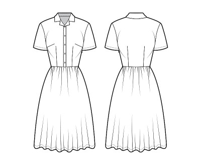 礼服衬衫技术时尚插图与短袖，长及膝长裙，经典亨利领。平