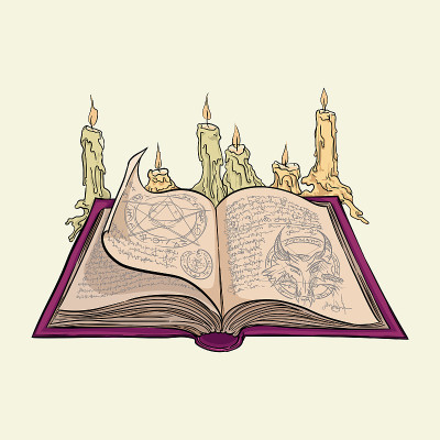 女巫的魔法书和蜡烛。手绘矢量插图孤立的背景。