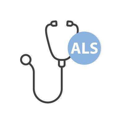ALS(肌萎缩侧索硬化症)的缩写和听诊器图标