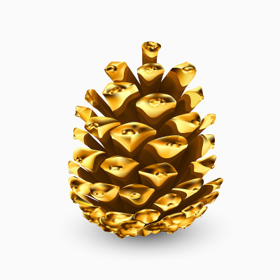 黄金松果。镀金的松果。金色的圣诞装饰。逼真的3d对象隔离在白色。贺卡模板设计元素。松果矢量图标，符号