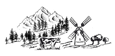 山的风景。牛在黑色的。风车。素描风格，矢量插图。