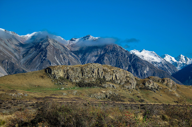 星期日山景观，星期日山和周围的风景，阿什伯顿湖区，南岛，新西兰