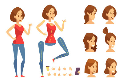 年轻女子在休闲服装创作集各种发型和手势。