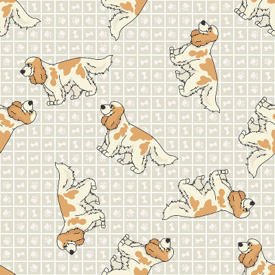 手绘可爱可卡犬幼犬和犬种无缝矢量图案。纯种纯种家犬爪背景。爱狗的英国狩猎宠物到处印。狗狗。每股收益1