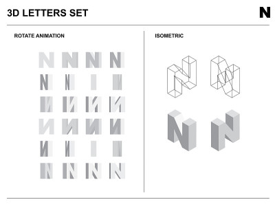 3d N字母设置动画等距线框向量