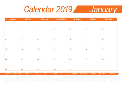 2019年1月台历矢量插图