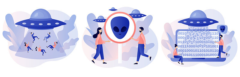不明飞行物飞船。空间的概念。外星人的迹象。不明飞行物光线绑架人类和数据计算机。未来未知的飞行物体。世