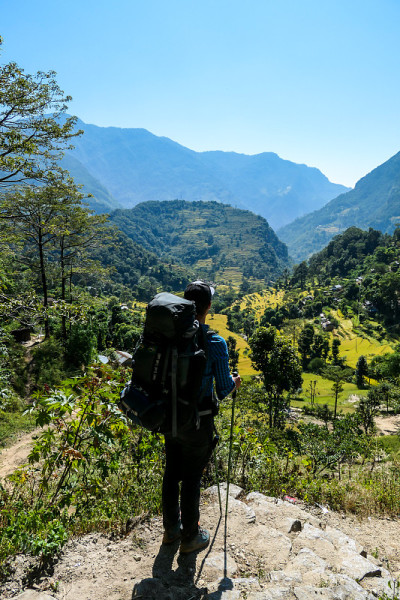 格尔木-一个沿着喜马拉雅山的稻田徒步旅行的人