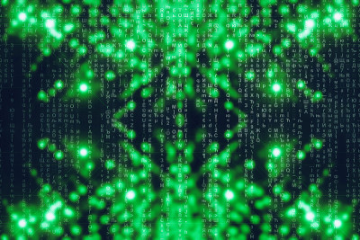 绿蓝矩阵数字背景。抽象的网络空间的概念。人物倒了。来自符号流的矩阵。虚拟现实设计。复杂的算法数据黑客