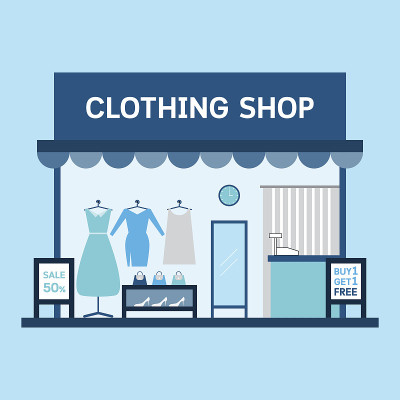服装商店的建筑和室内与产品。矢量插图。