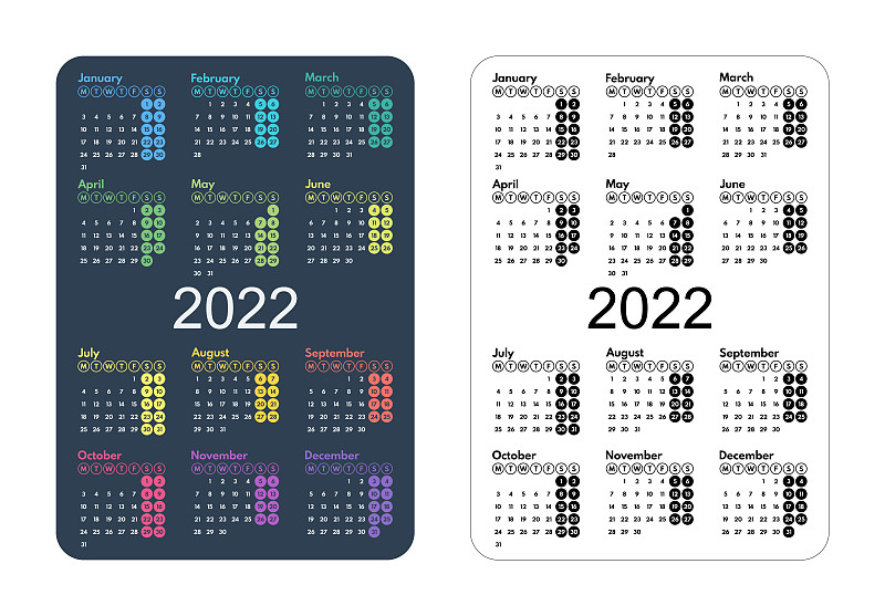 2022年彩色和单色月全年日历网格，口袋大小布局