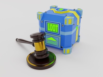 视频游戏Lootbox与法官的木槌在一个白色的背景