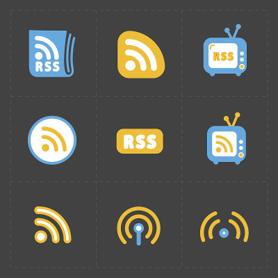 RSS标志图标。黑色背景上的RSS提要符号。