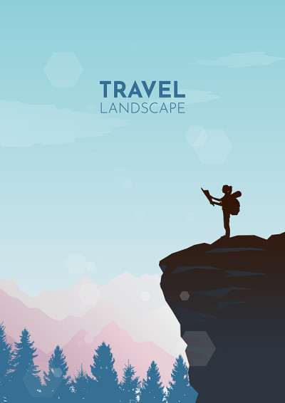 山顶上的女孩在看地图。发现、探索和观察自然的旅游理念。徒步旅游。冒险。极简主义的图形传单。多边形平面