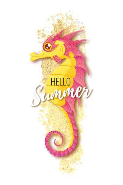 Pink and yellow seahorse on gold