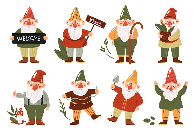 Cute garden gnomes or dwarfs set, funny myth fairy