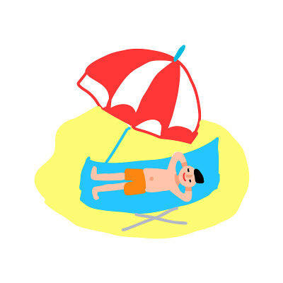穿着泳衣在沙滩伞下睡觉的男人
