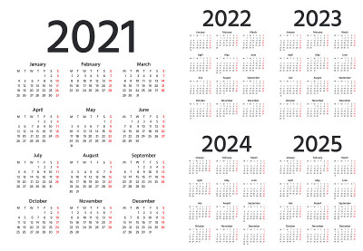日历为2021年、2022年、2023年、2024年、2025年。矢量插图。简单的日历布局。