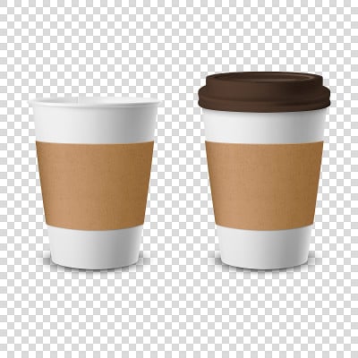 矢量3d现实一次性打开和关闭的盖子纸，塑料咖啡杯的饮料图标设置特写孤立在透明的背景。设计模板模型。前