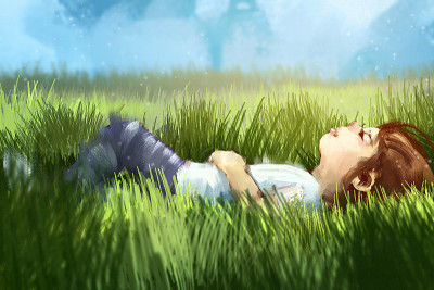 digital art painting set of Little girl on meadow,