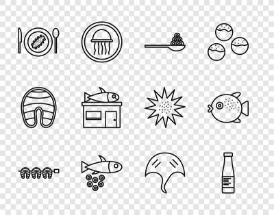 排烤鱼排，酱瓶，鱼子酱勺，鱼子酱，黄瓜盘，海鲜店，黄貂鱼和河豚图标。向量