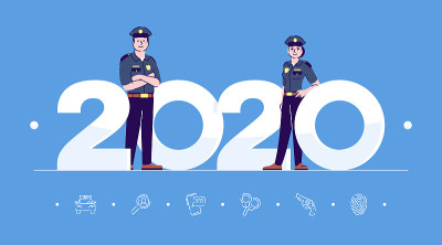 职业2020平横幅矢量模板。警察用蓝色隔离卡通人物。人们穿制服。横幅，宣传册页，传单设计布局与文字的