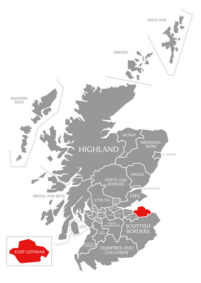 英国苏格兰地图上的东洛锡安红色高亮