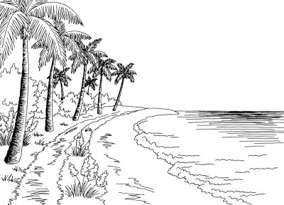 海滩道路图形海滩黑白景观素描插图矢量