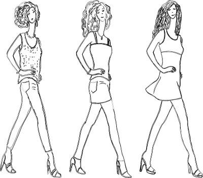 矢量轮廓素描行走年轻时尚的现代苗条女性