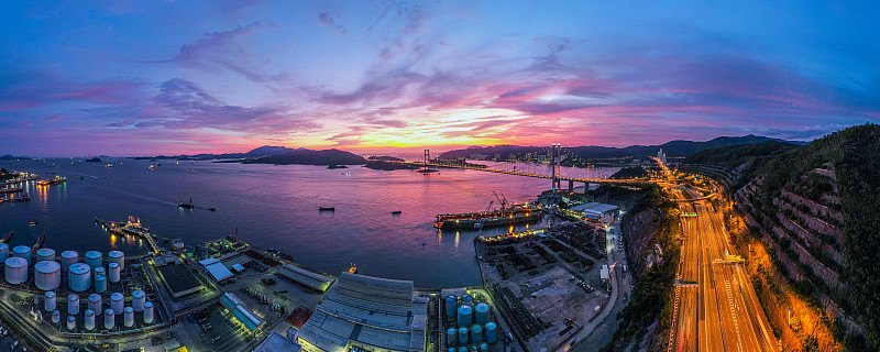 美丽的魔幻时光，夕阳，香港青马桥的夜景