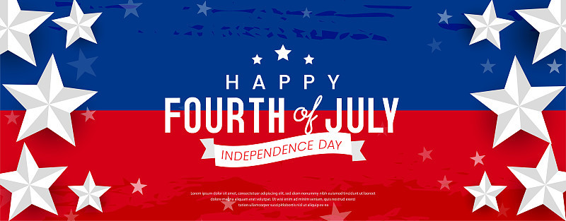 快乐的7月4日美国，美国独立日问候设计在红色和蓝色水彩，垃圾和3d星的背景。宣传广告横幅模板的小册子