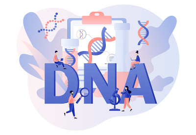 DNA遗传科学。微型科学家在实验室里调查、诊断和测试DNA。医学和技术。实验室设备。现代扁平卡通风格