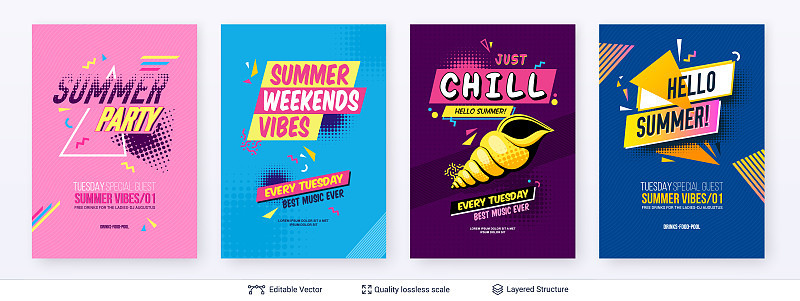 Set of summer season ad posters in pop-art style.