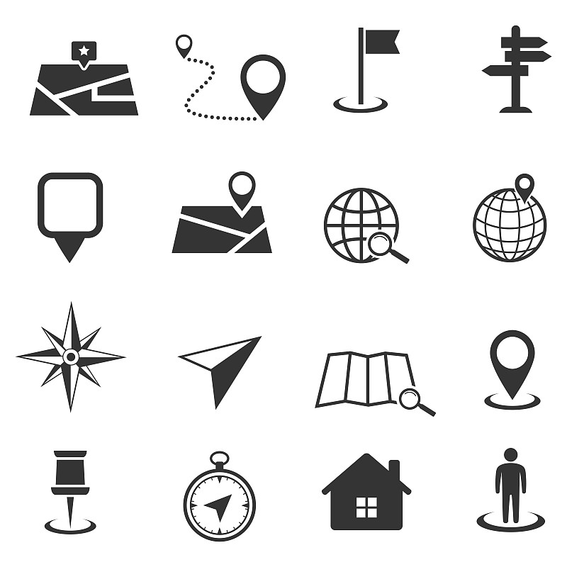 地图图标集孤立的白色背景，矢量插图
