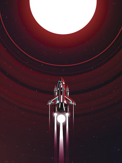 宇宙飞船穿过行星与巨大的红色环系统