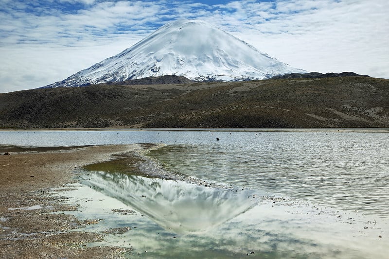 白雪覆盖的高山倒映在春加拉湖上