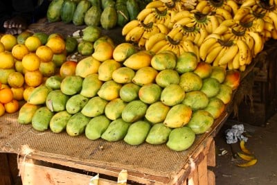 食品市场上的芒果、橙子、木瓜和香蕉