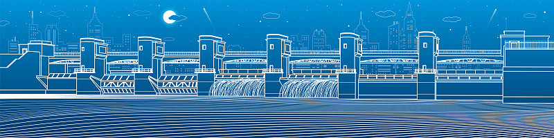 水力发电厂。河大坝。能源站。水的力量。城市基础设施工业全景图。蓝色背景上的白线。矢量设计艺术