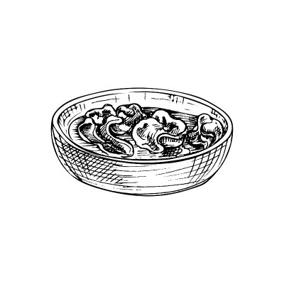馄饨汤在盘子里。复古向量孵化颜色手绘插图孤立