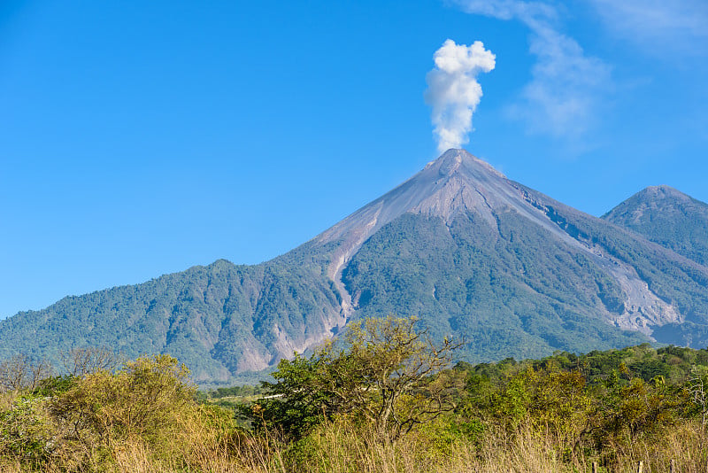 图左为正在喷发的埃尔富埃戈火山，图右为从危地马拉安提瓜眺望的阿卡特南戈火山