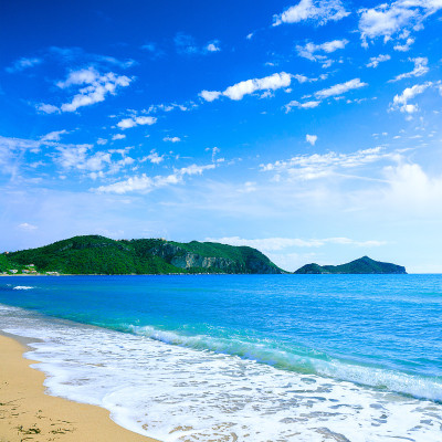 美丽的夏季全景海景。令人敬畏的景色如画的绿色斜坡，海岸线和金色的沙滩海岸，在清澈湛蓝的海水海湾。
