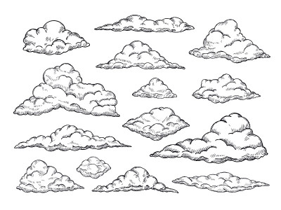 素描云。手绘天空云图。轮廓草图云复古向量收集