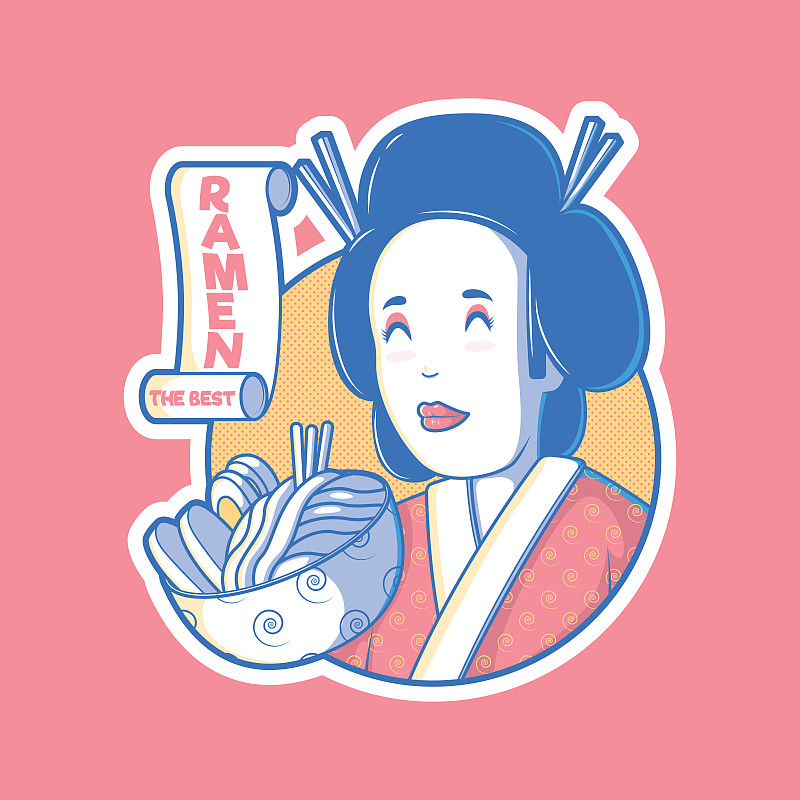 Geisha with a bowl of ramen vector illustration.