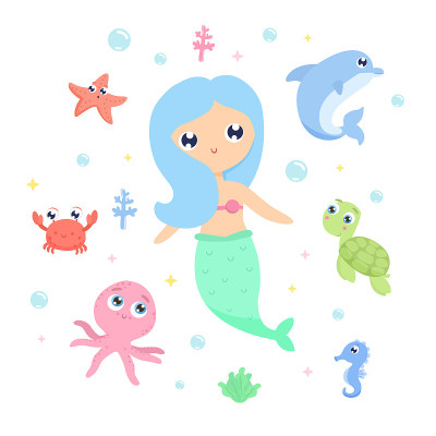 神奇的生物。独角鲸，独角兽美人鱼，海洋动物矢量插图