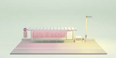 公交车站卡通城市公共交通3D插图