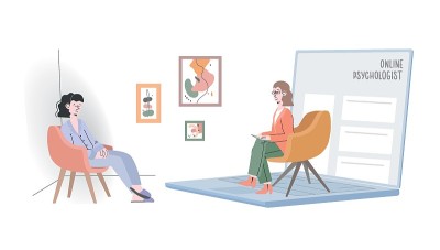 网上心理咨询的概念。心理学家和她的抑郁症患者正在用现代科技应用程序进行视频通话。