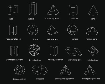 基本的三维几何形状。孤立在黑色背景上。矢量插图。