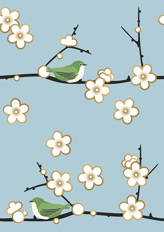 Plum and white-eye pattern. Seamless Japanese patt